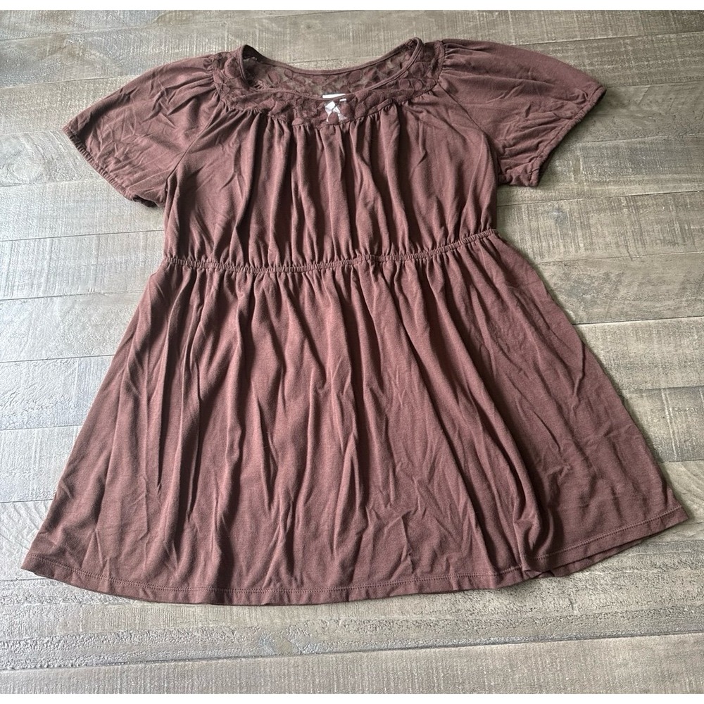 Just my size Women's Brown Elastic Waist Lace Neckline Short Sleeve Top Sz 2X